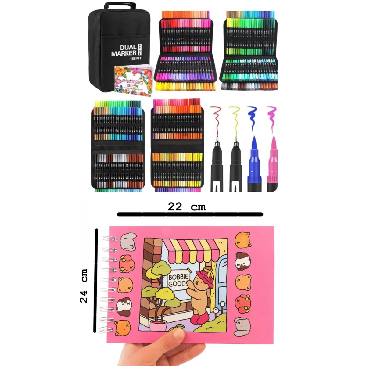SET PLUMONES 120 UNIDADES DUAL BRUSH PUNTA PINCEL + BOBBIE GOOODS - 1