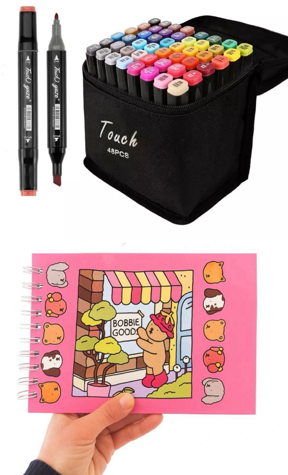 KIT DE PLUMONES TOUCH DOBLE PUNTA SET DE 48 CON BOBBIE GOODS. LIBRO PARA COLOREAR DE 100 HOJAS - 1