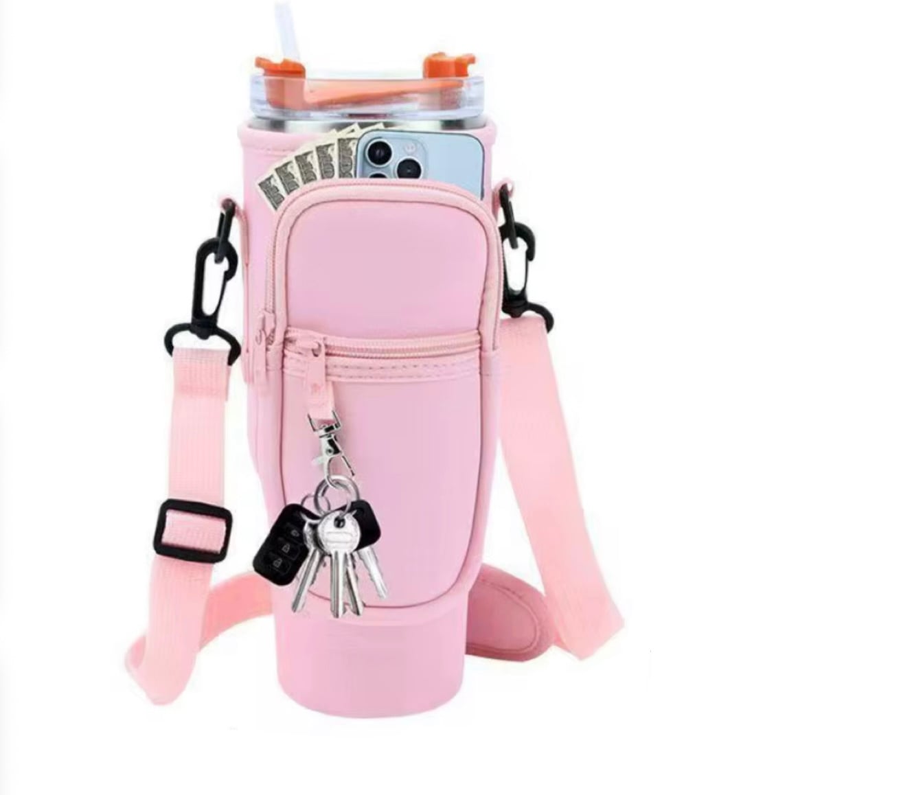 FUNDA PORTA BOTELLA 40 OZ CON BOLSILLO Y CORREA AJUSTABLE – SOPORTE PARA BOTELLAS GRANDES – PORTA CELULAR Y LLAVES - 1
