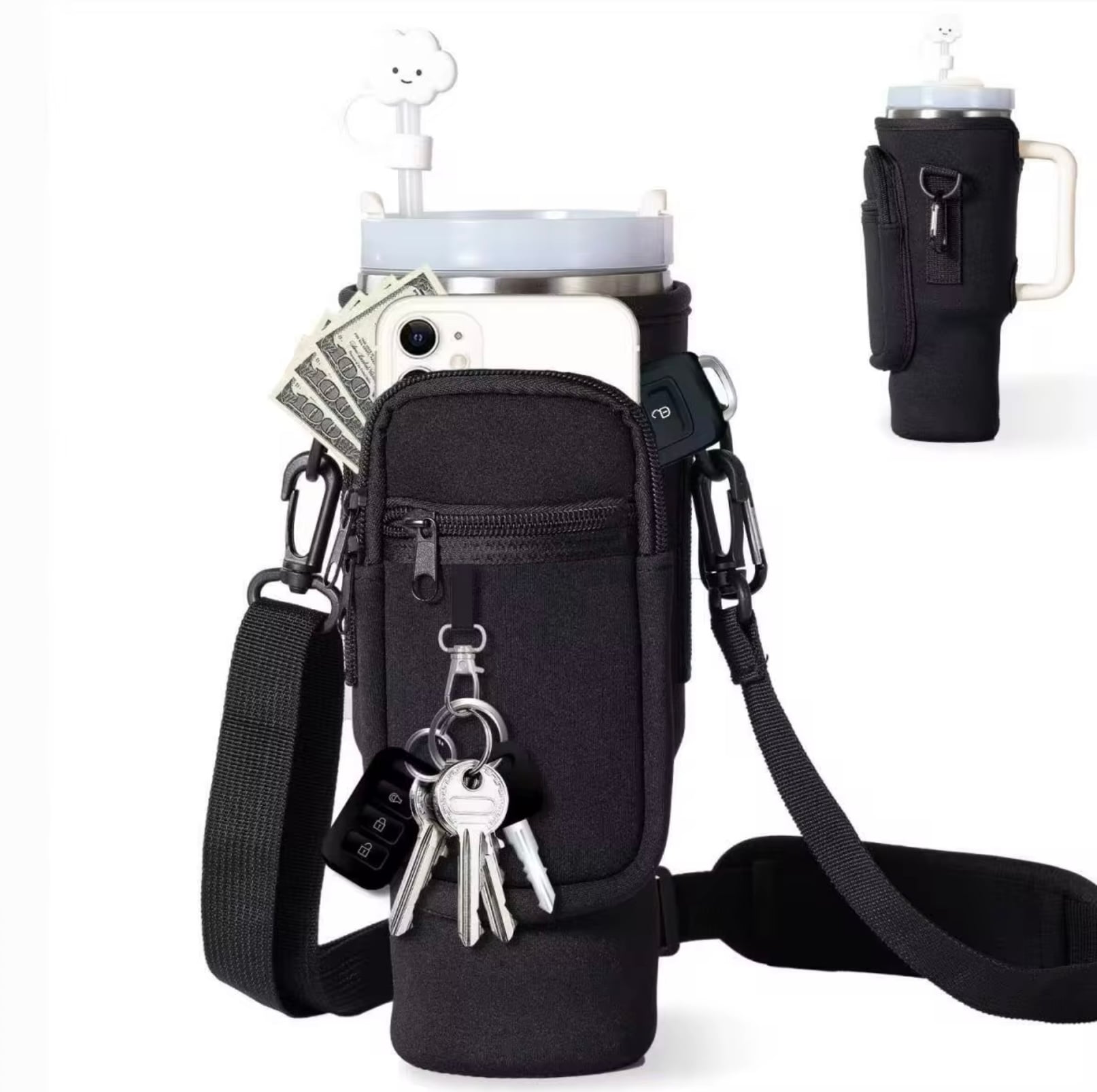 FUNDA PORTA BOTELLA 40 OZ CON BOLSILLO Y CORREA AJUSTABLE – SOPORTE PARA BOTELLAS GRANDES – PORTA CELULAR Y LLAVES - 1
