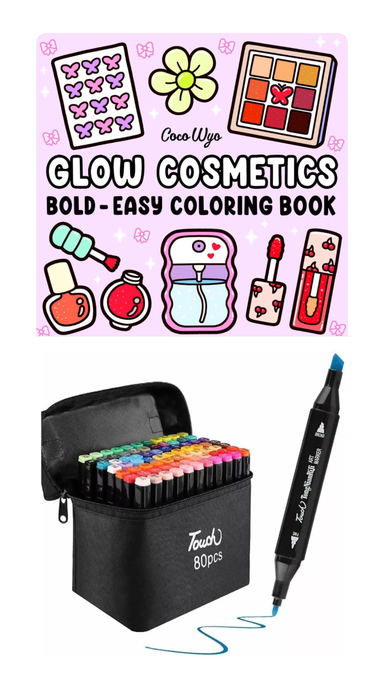 PLUMONES TOUCH DE 80 DOBLE PUNTA + LIBRO PARA COLOREAR
COCOWYO GLOW COSMETICS - 1