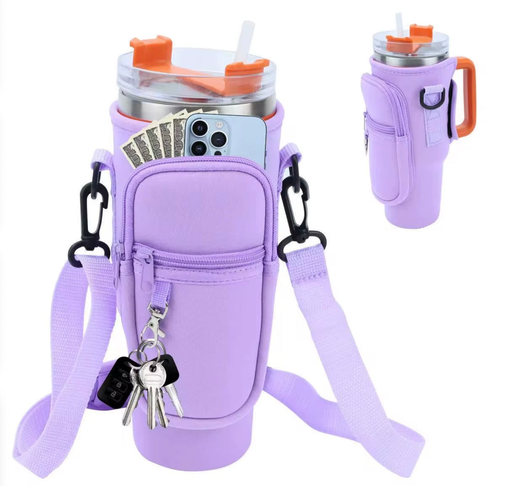 FUNDA PORTA BOTELLA 40 OZ CON BOLSILLO Y CORREA AJUSTABLE – SOPORTE PARA BOTELLAS GRANDES – PORTA CELULAR Y LLAVES - 1