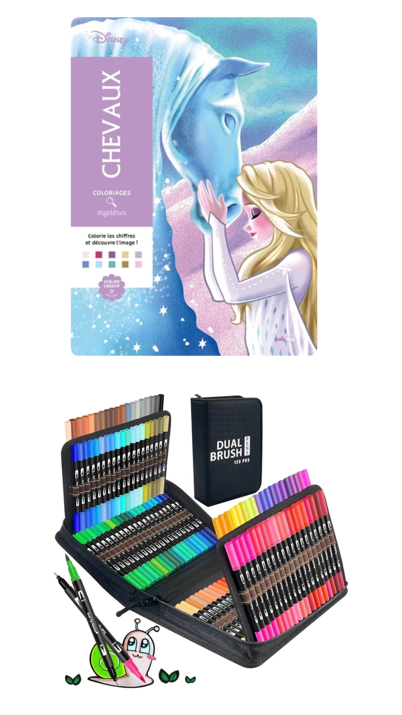 PLUMONES DUAL BRUSH PUNTA PINCEL 120 COLORES CON ESTUCHE + LIBRO DISNEY PARA COLOREAR POR NÚMEROS - 1