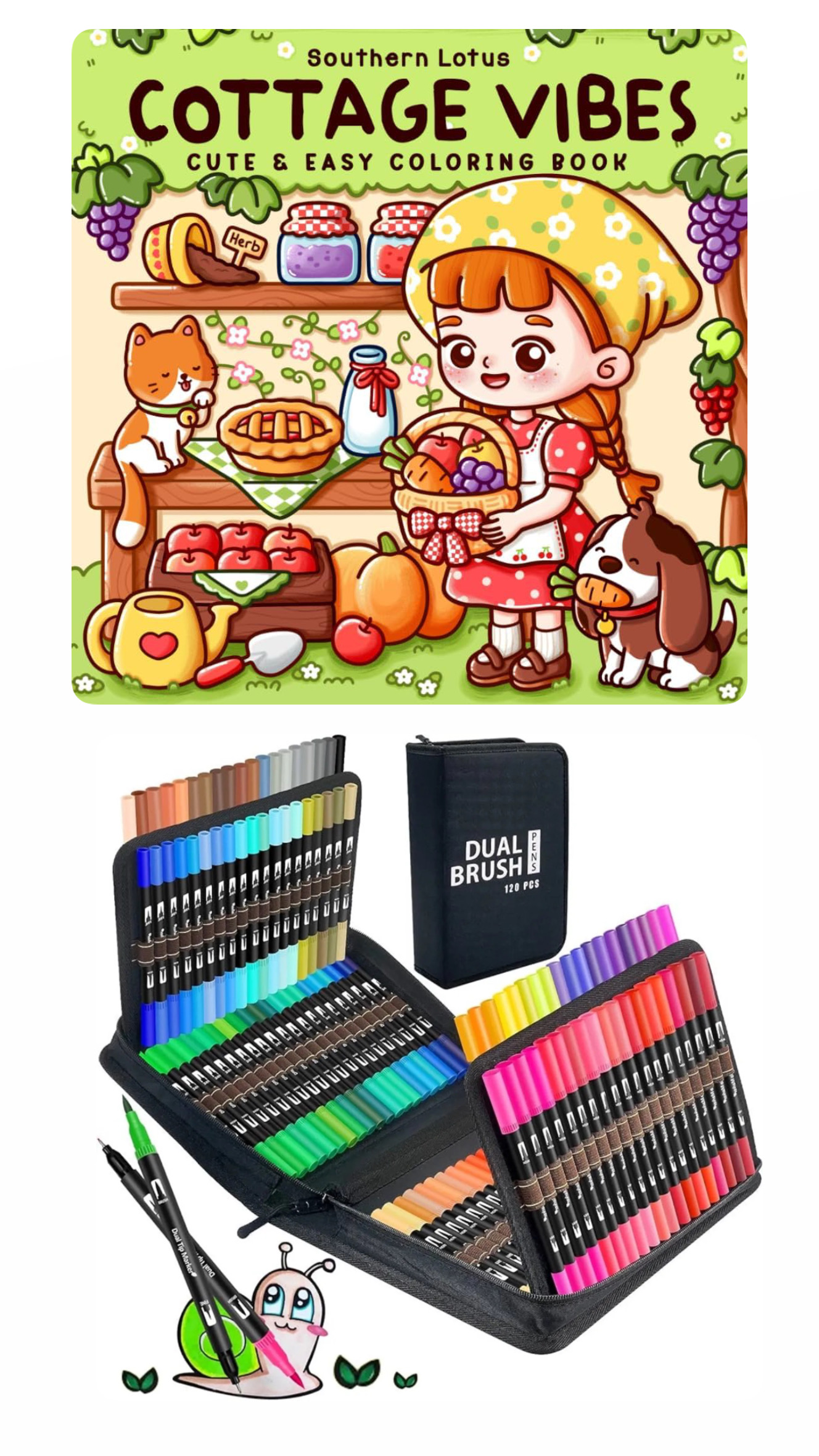 PLUMONES DUAL BRUSH PUNTA
PINCEL 120 COLORES CON ESTUCHE + LIBRO PARA COLOREAR COCOWYO COTTAGE VIBES - 1