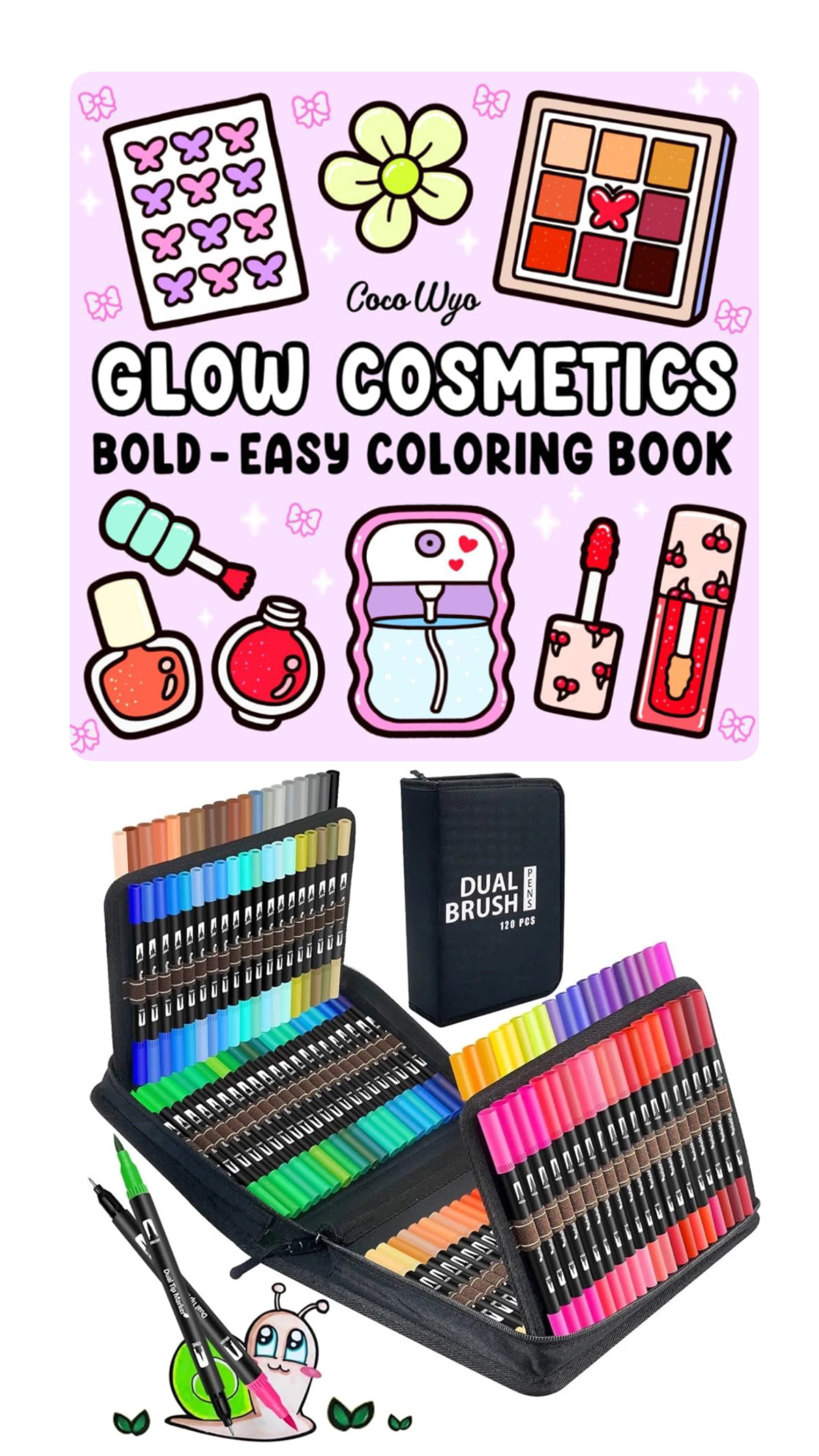 PLUMONES DUAL BRUSH PUNTA
PINCEL 120 COLORES CON ESTUCHE + LIBRO PARA COLOREAR COCOWYO GLOW COSMETICS - 1