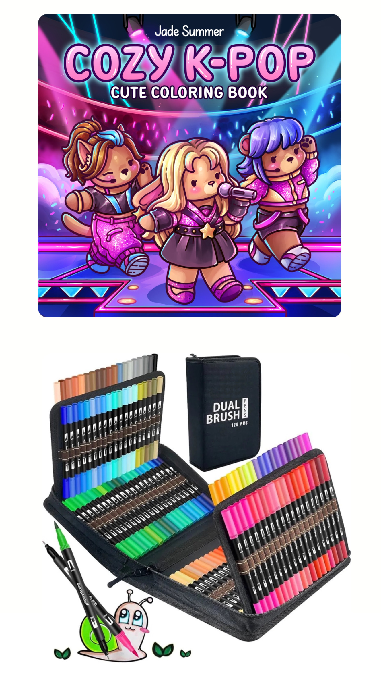 PLUMONES DUAL BRUSH PUNTA
PINCEL 120 COLORES CON ESTUCHE + LIBRO PARA COLOREAR COCOWYO COZY K POP - 1