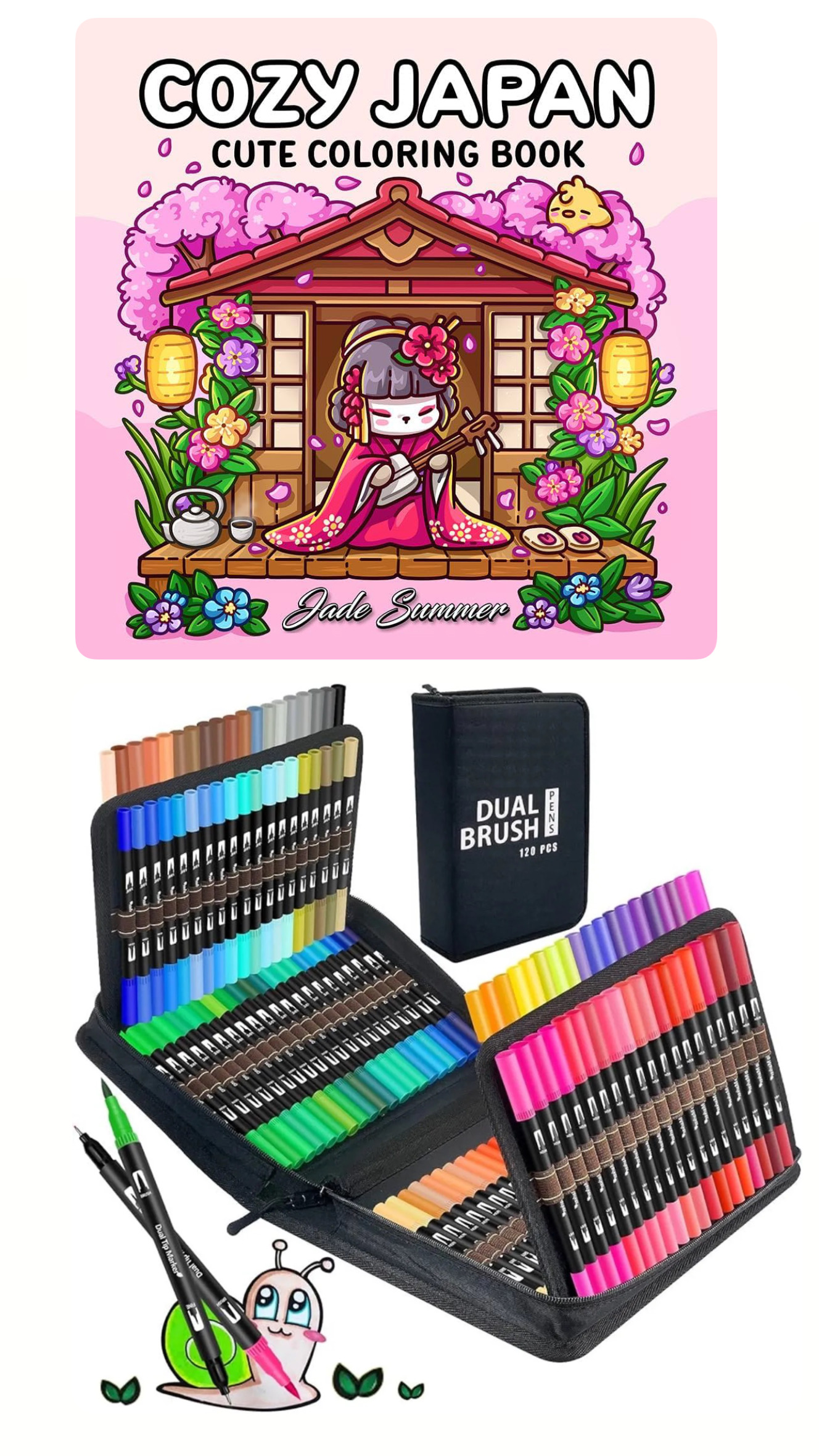 PLUMONES DUAL BRUSH PUNTA
PINCEL 120 COLORES CON ESTUCHE + LIBRO PARA COLOREAR COCOWYO COZY JAPAN - 1
