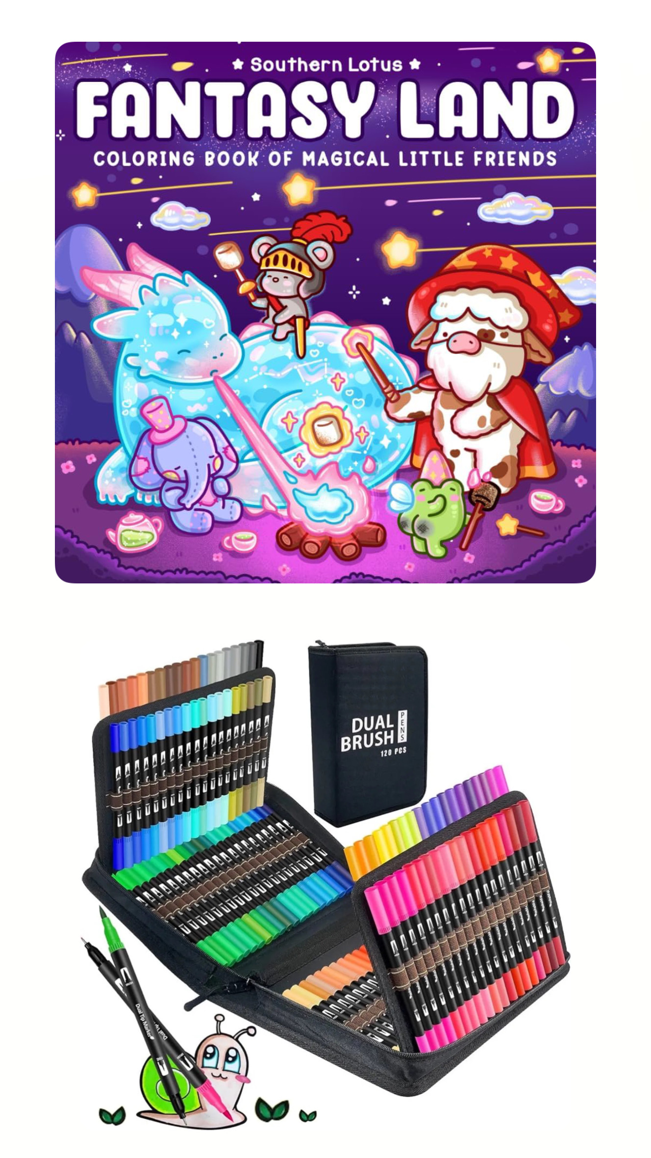 PLUMONES DUAL BRUSH PUNTA
PINCEL 120 COLORES CON ESTUCHE + LIBRO PARA COLOREAR FANTASY LAND - 1