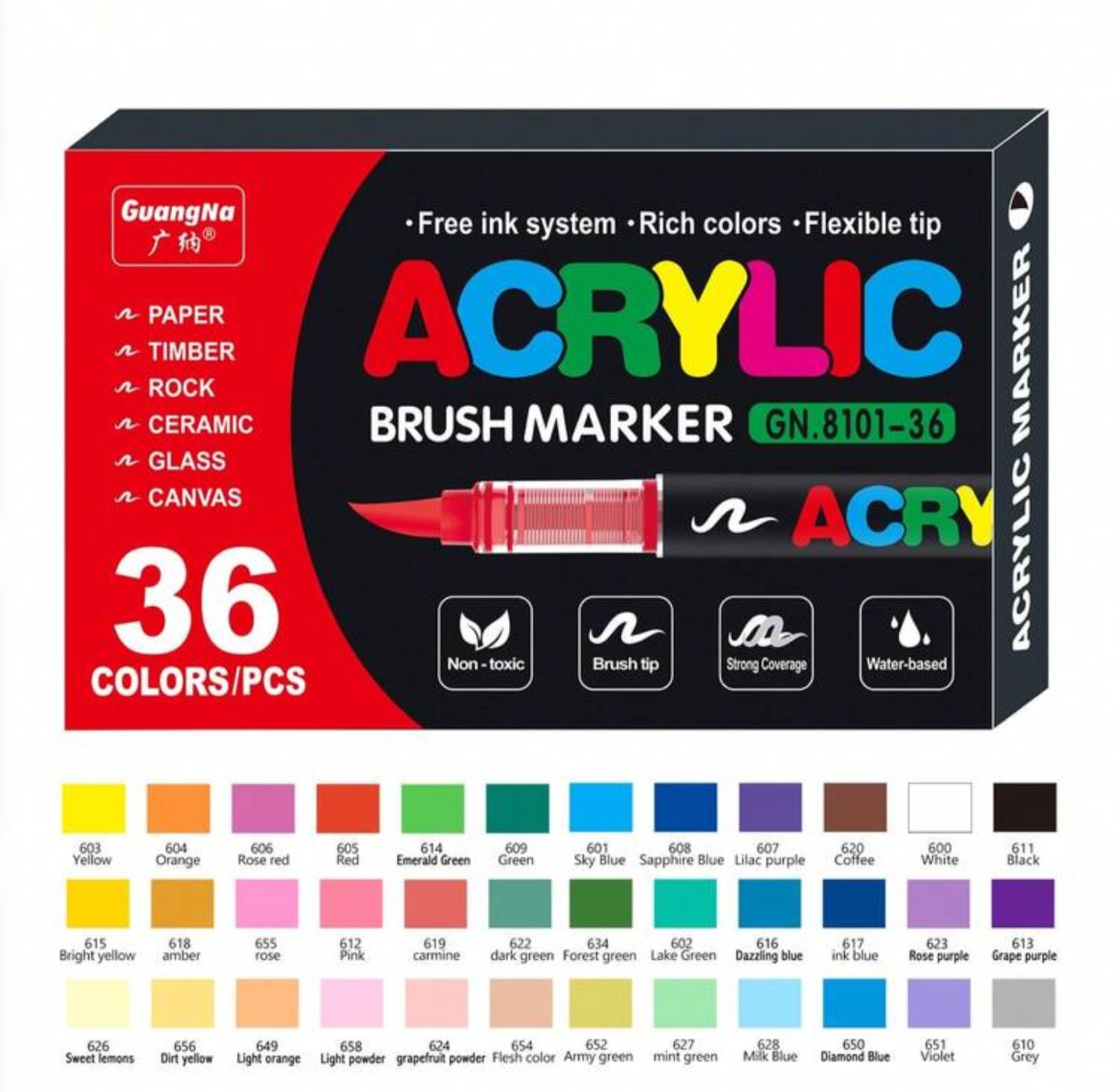 PLUMONES ACRÍLICOS X 36 COLORES – PUNTA FLEXIBLE ARTE Y MANUALIDADES - 1