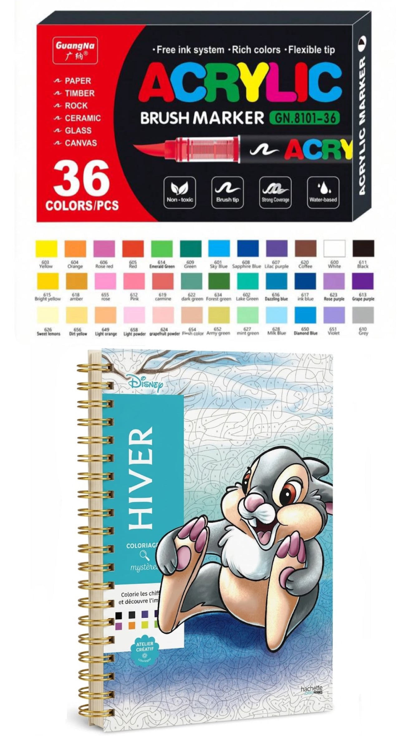 PLUMONES ACRÍLICOS X 36 + LIBRO DISNEY PARA COLOREAR POR NÚMEROS / 36 COLORES + LIBRO DISNEY - 1