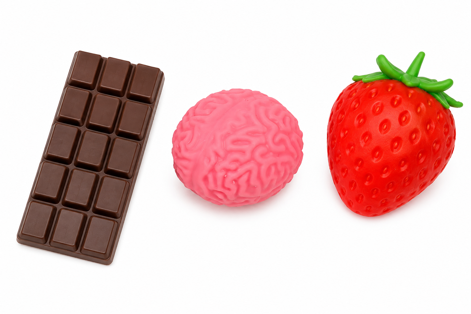PACK DE 3 SQUISHY ANTIESTRES CHOCOLATE CEREBRO Y FRESA JUGUETES SENSORIALES - 1