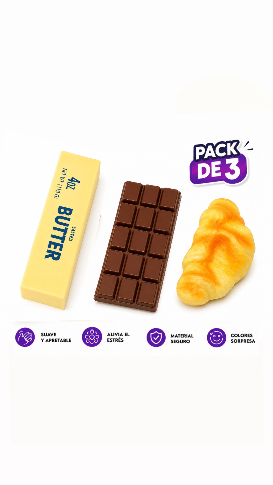PACK DE 3 SQUISHY MANTEQUILLA CHOCOLATE Y CROISSANT JUGUETE ANTIESTRES - 1