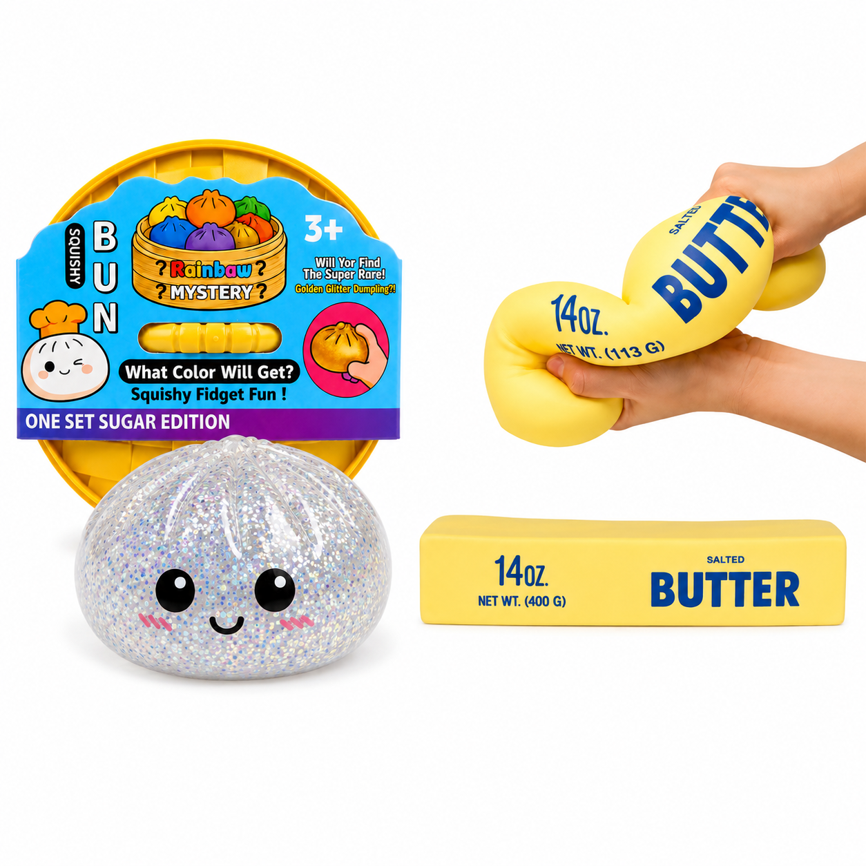 PACK DE 2 SQUISHY ANTIESTRES MANTEQUILLA, GIGANTE BUTTER Y DUMPLING MISTERIOSO JUGUETES SENSORIALES - 1