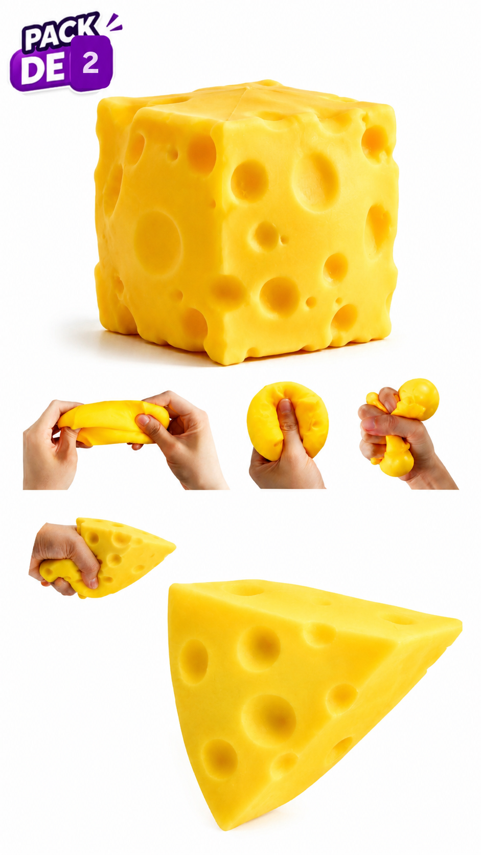 PACK DE 2 SQUISHY ANTIESTRES FORMA DE QUESO AMARILLO SENSORIAL SUAVE - 1