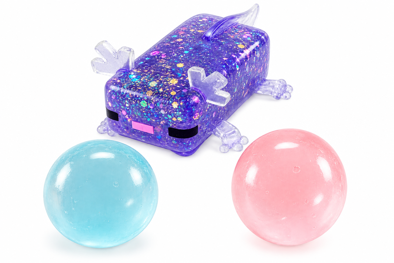 SET DE 3 SQUISHY SENSORIALES ANTIESTRES AXOLOTE MORADO PELOTAS GEL CELESTE Y ROSADO TIPO NEE DOH - 1