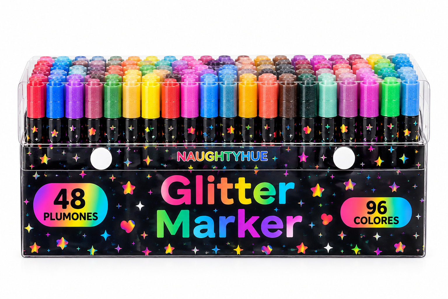 SET DE 48 PLUMONES DOBLE PUNTA 96 COLORES GLITTER CON ESTUCHE - 1