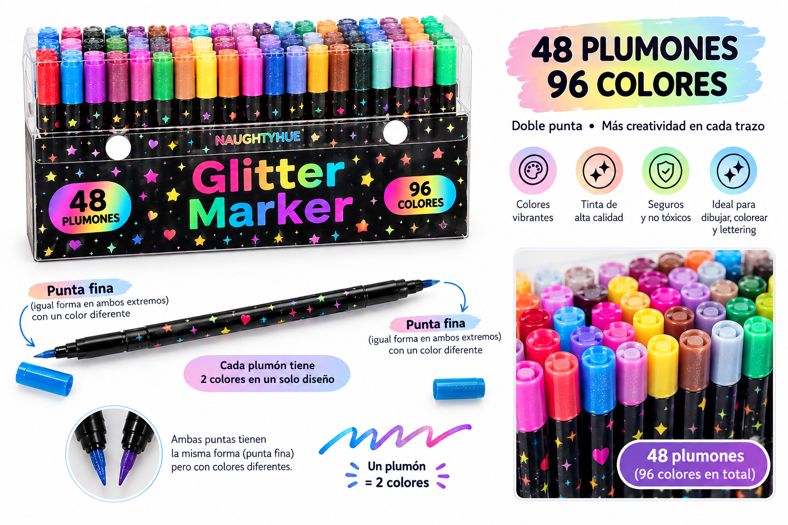 SET DE 48 PLUMONES DOBLE PUNTA 96 COLORES GLITTER CON ESTUCHE - 2