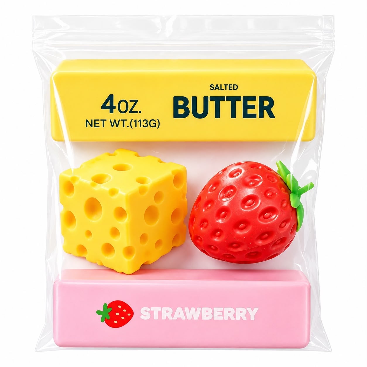 PACK DE 4 SQUISHY FOOD MANTEQUILLA QUESO FRESA Y BARRA STRAWBERRY - 1