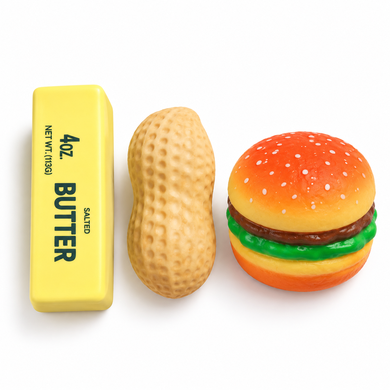 PACK DE 3 SQUISHY MANTEQUILLA MANI Y HAMBURGUESA ANTIESTRES - 1