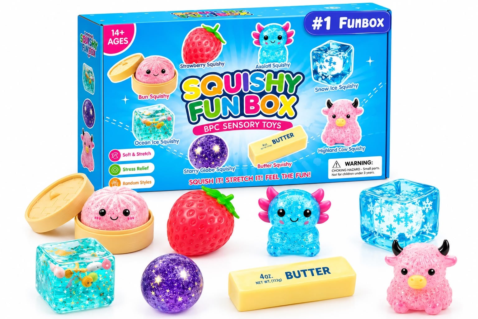 SQUISHY FUN BOX CAJA SORPRESA SENSORIAL CON 8 SQUISHIES ANTIESTRES DE DIFERENTES DISEÑOS - 1
