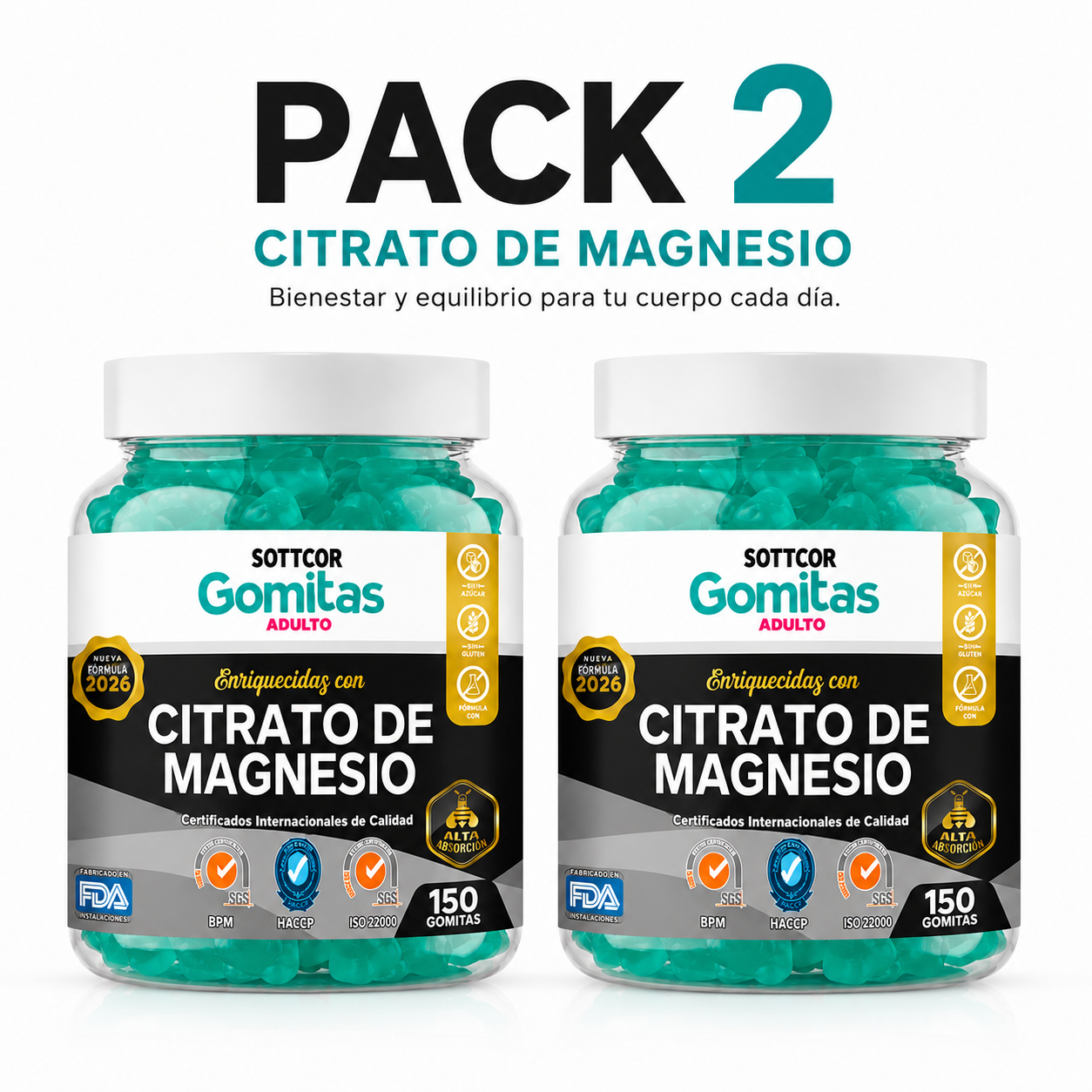 PACK 2 GOMITAS CITRATO DE MAGNESIO PARA ADULTOS 300 GOMITAS SOTTCOR LABS - 1