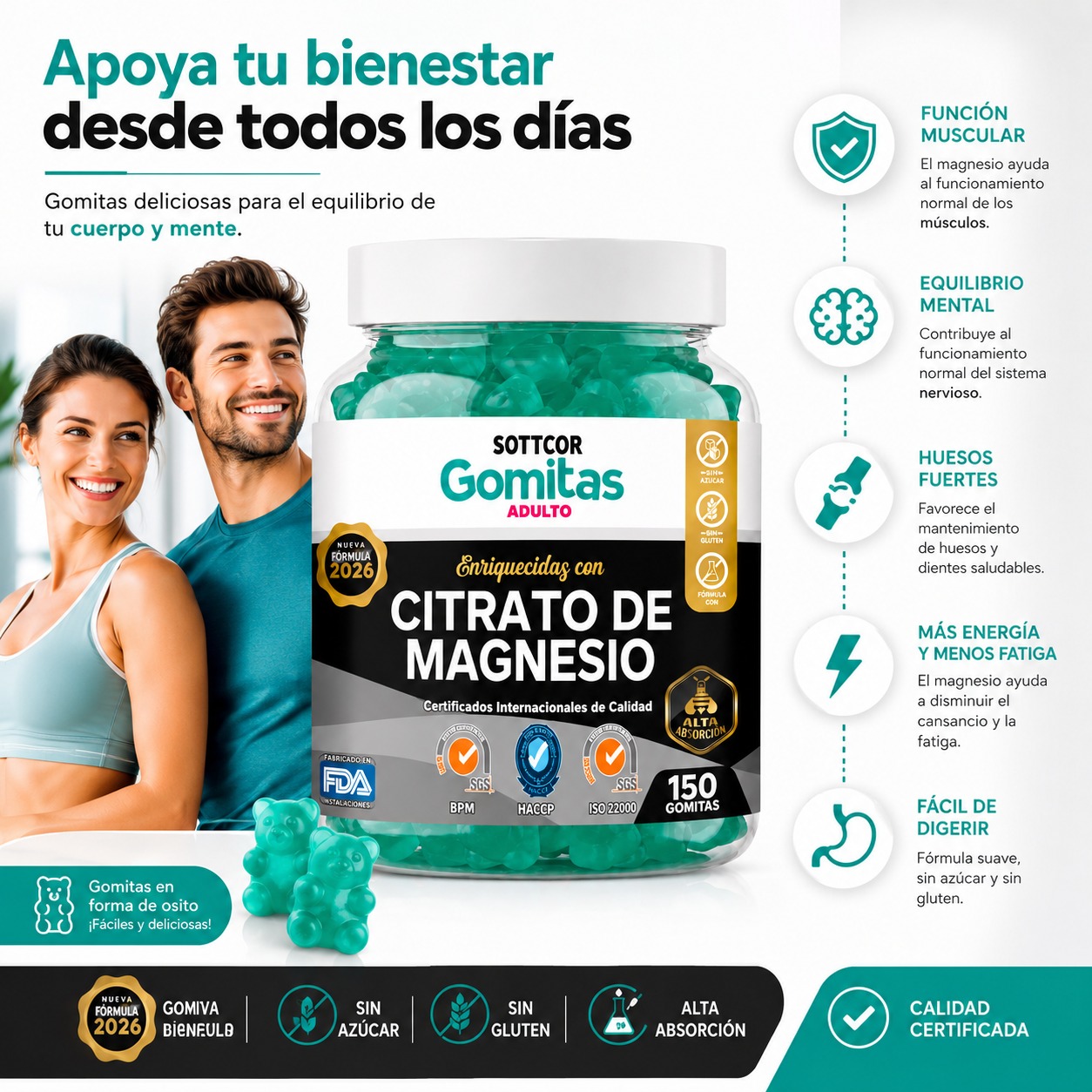 PACK 2 GOMITAS CITRATO DE MAGNESIO PARA ADULTOS 300 GOMITAS SOTTCOR LABS - 2