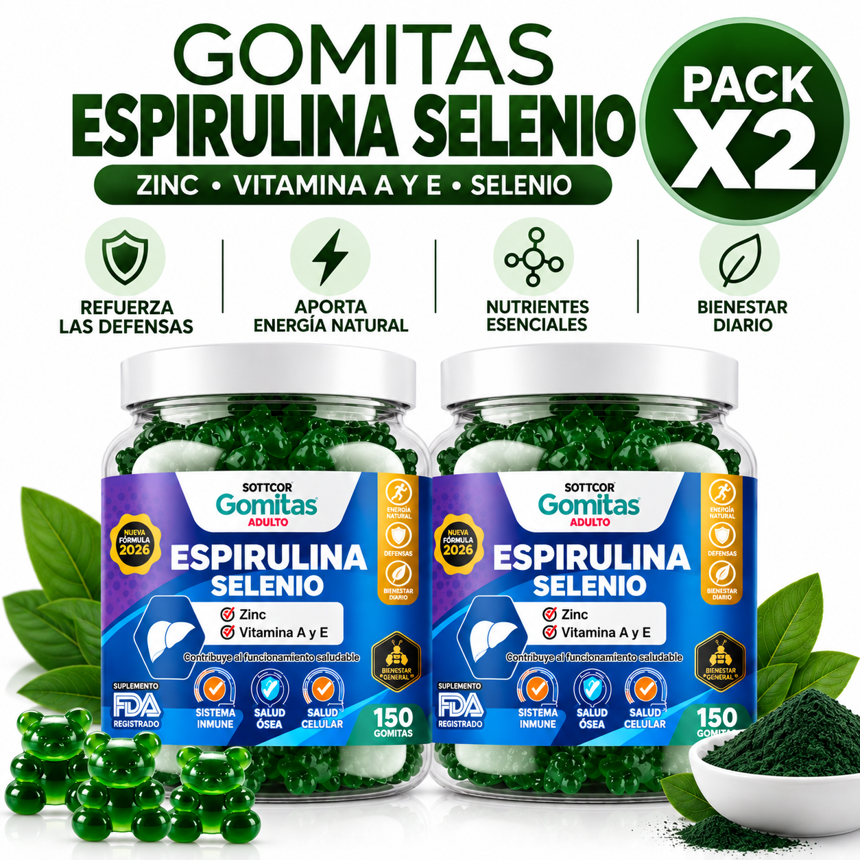 PACK 2 GOMITAS ESPIRULINA SELENIO PARA ADULTOS 300 GOMITAS SOTTCOR LABS - 1