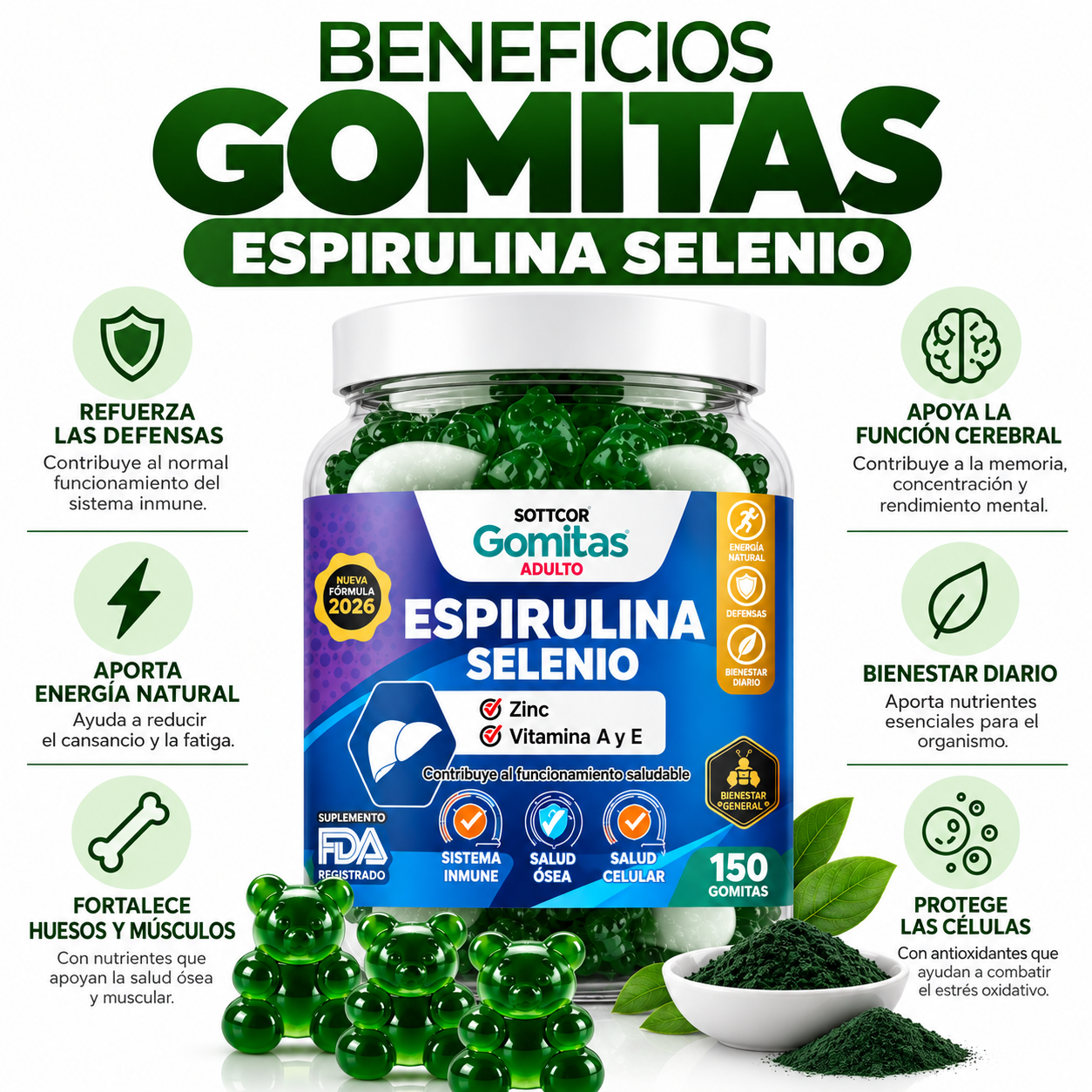 PACK 2 GOMITAS ESPIRULINA SELENIO PARA ADULTOS 300 GOMITAS SOTTCOR LABS - 3