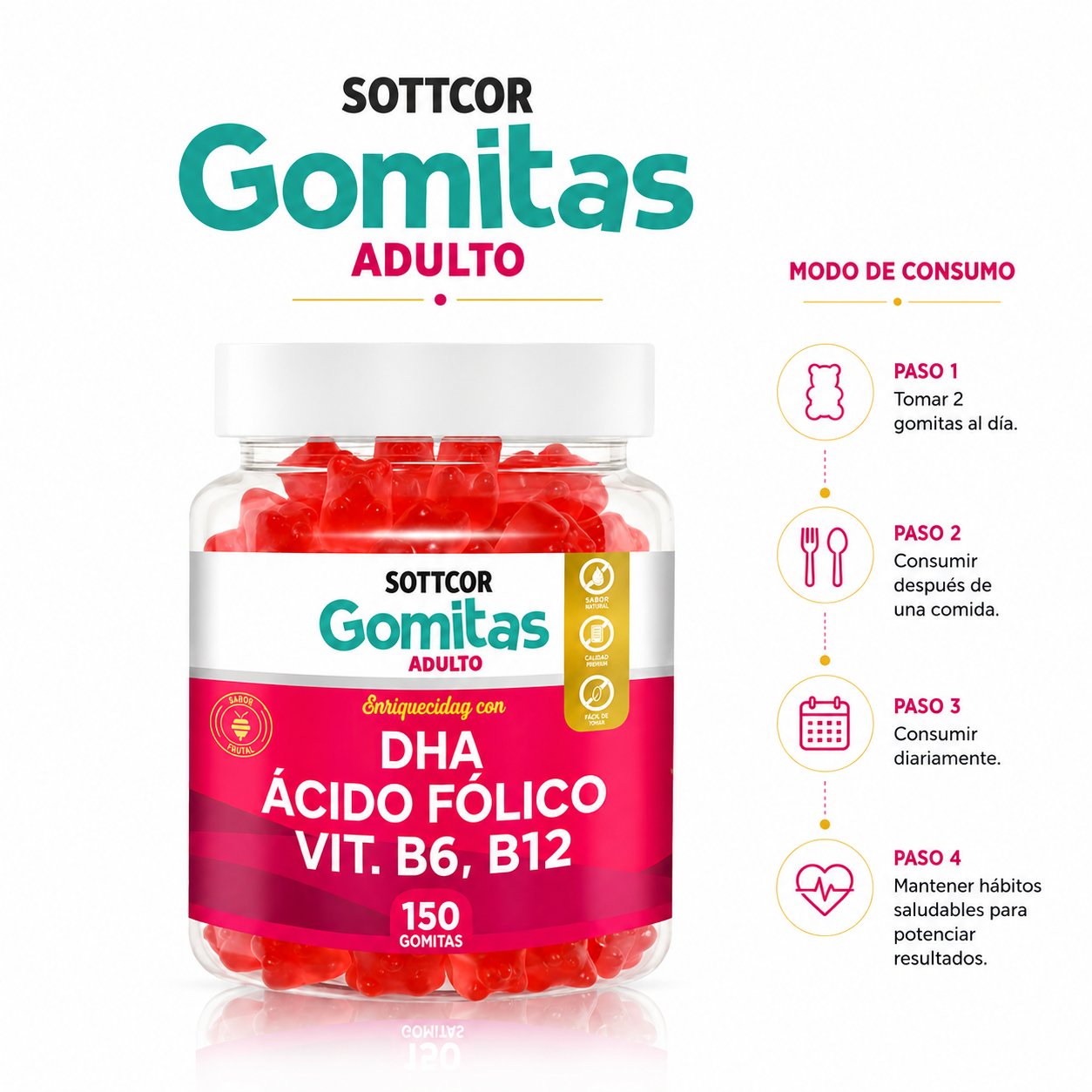 GOMITAS DHA ACIDO FOLICO PARA ADULTOS 150 GOMITAS SOTTCOR LABS - 3