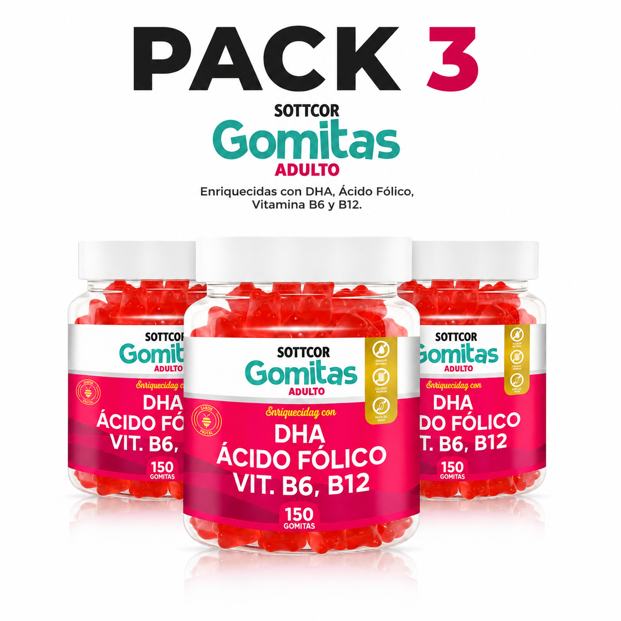 PACK 3 GOMITAS DHA ACIDO FOLICO PARA ADULTOS 450 GOMITAS SOTTCOR LABS - 1