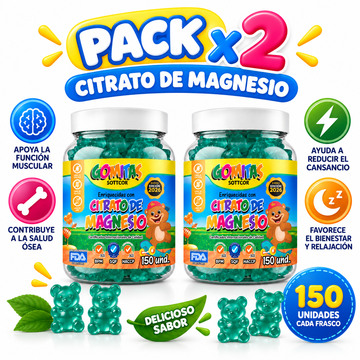 PACK 2 GOMITAS CITRATO DE MAGNESIO NIÑOS PARA ADULTOS 300 GOMITAS SOTTCOR LABS - 1