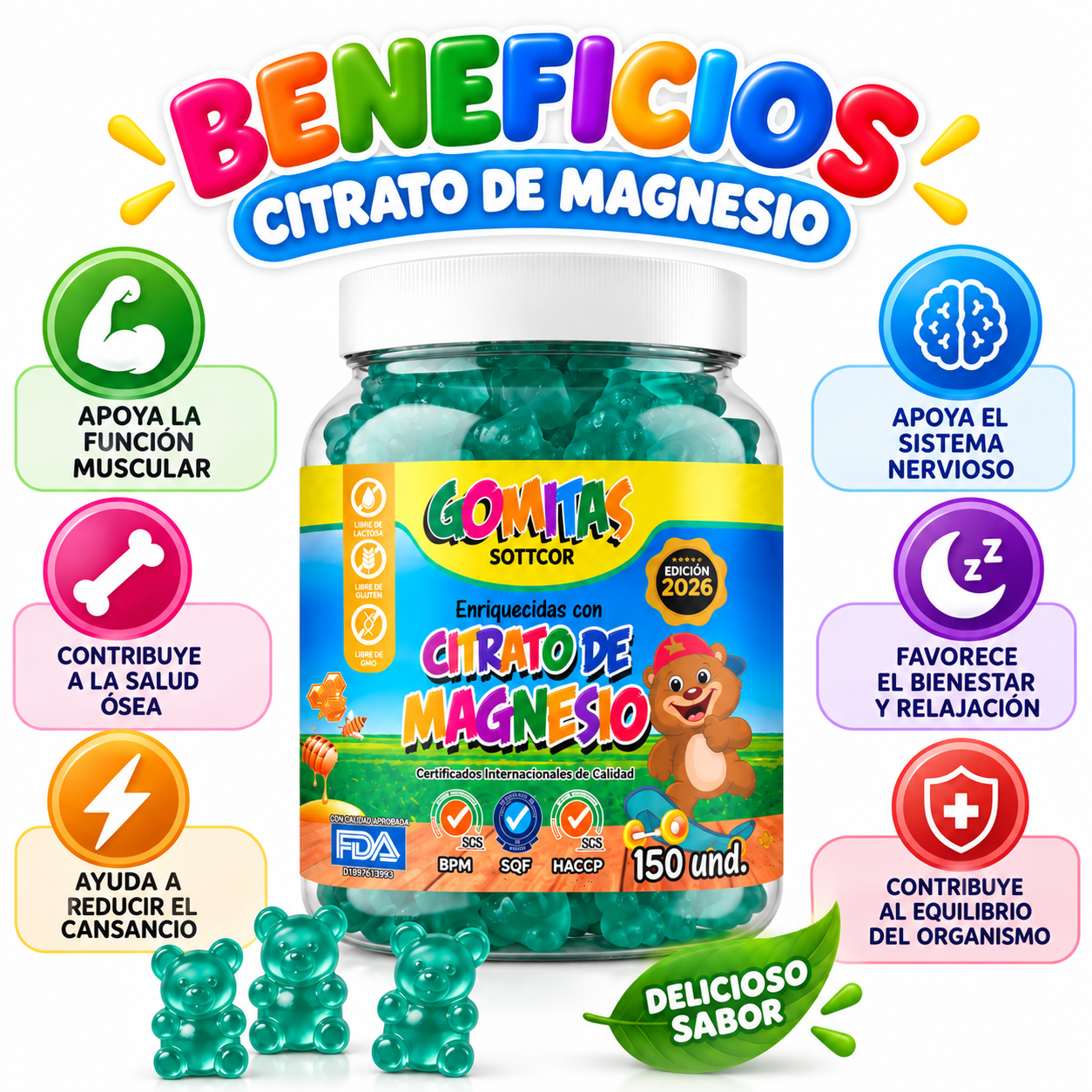 PACK 2 GOMITAS CITRATO DE MAGNESIO NIÑOS PARA ADULTOS 300 GOMITAS SOTTCOR LABS - 3