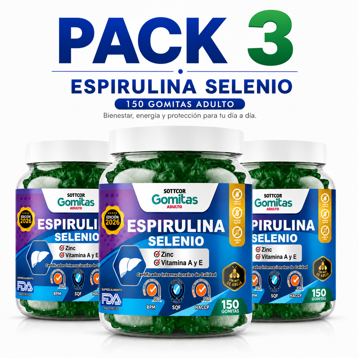 PACK 3 GOMITAS ESPIRULINA SELENIO PARA ADULTOS 450 GOMITAS SOTTCOR LABS - 1