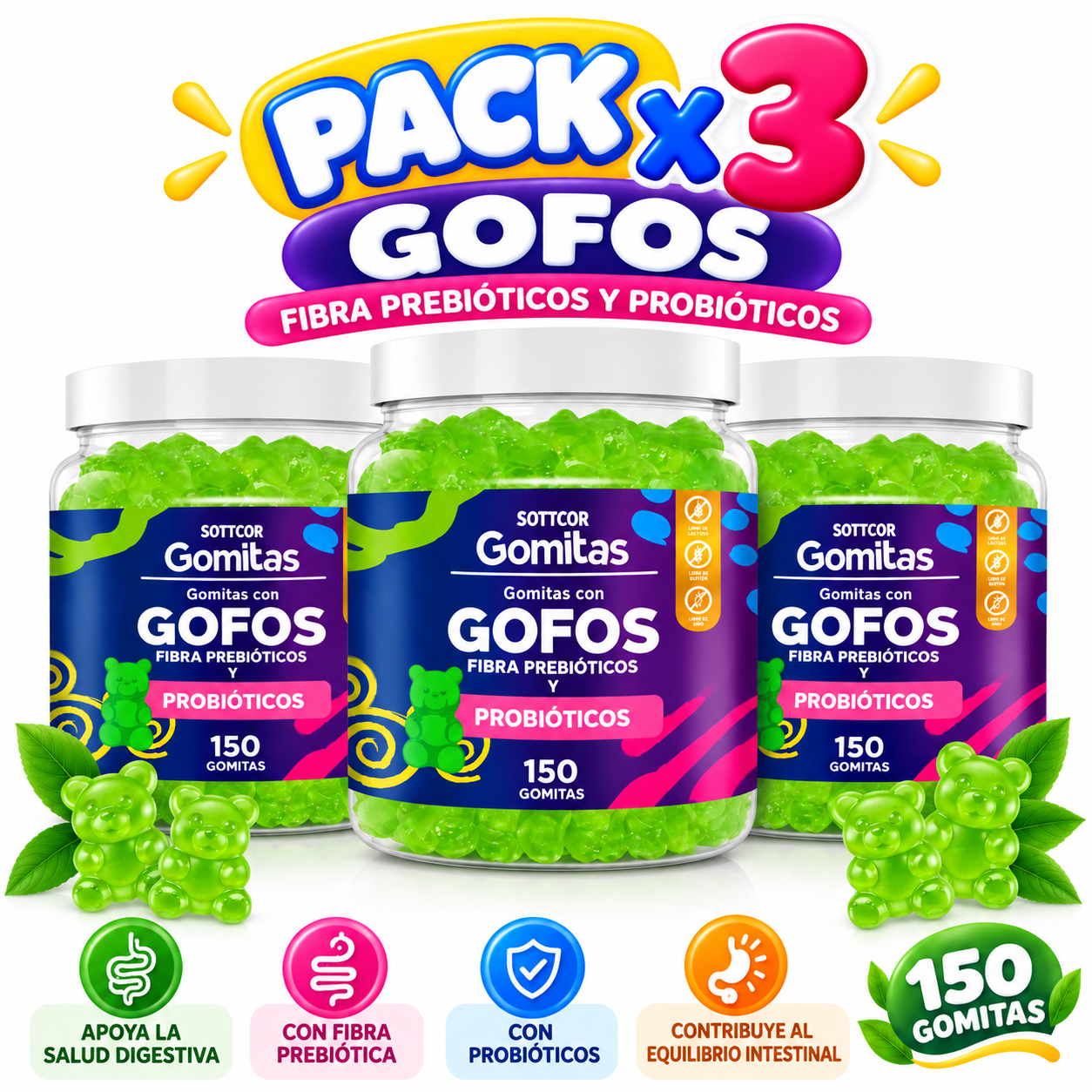 PACK 3 GOMITAS GOFOS NIÑOS 450 GOMITAS SOTTCOR LABS - 1