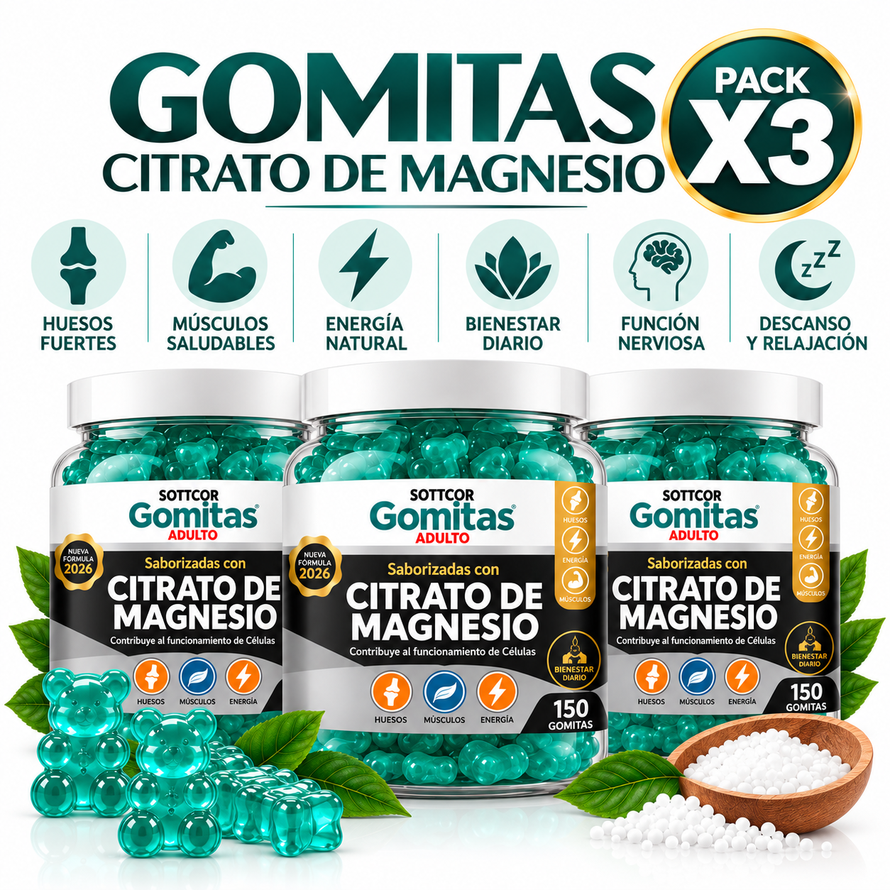 PACK 3 GOMITAS CITRATO DE MAGNESIO PARA ADULTOS 450 GOMITAS SOTTCOR LABS - 1