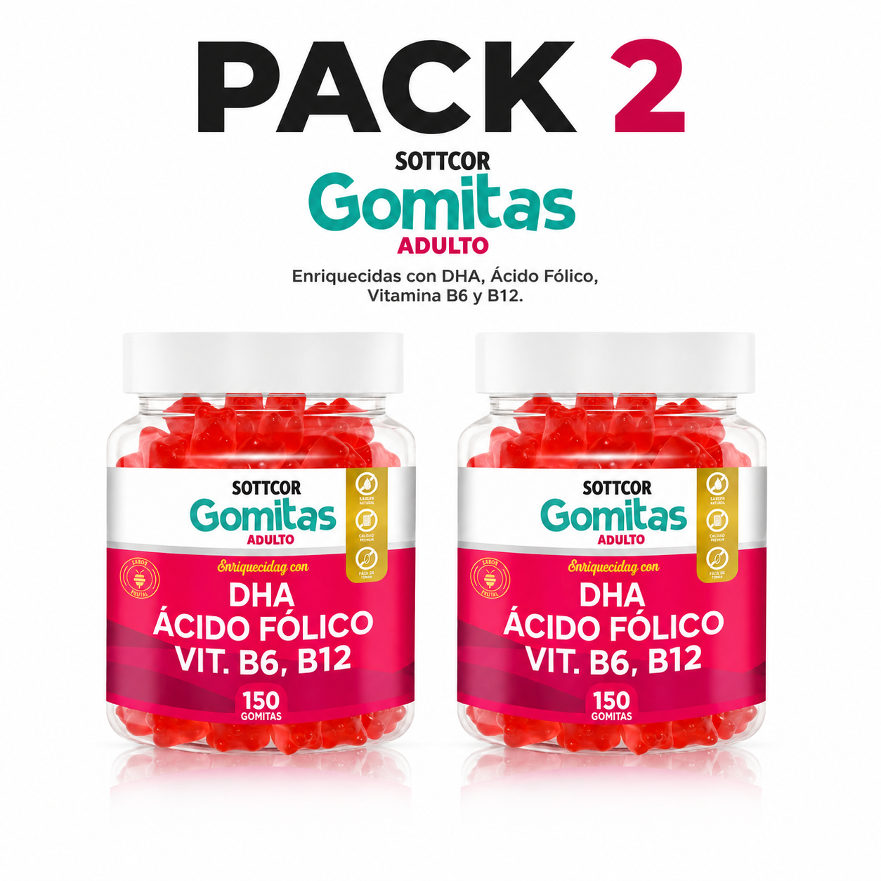 PACK 2 GOMITAS DHA ACIDO FOLICO PARA ADULTOS 300 GOMITAS SOTTCOR LABS - 1
