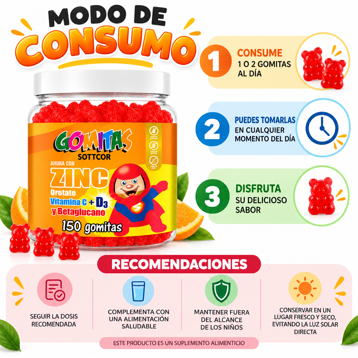 PACK 3 GOMITAS ZINC OROTATE NIÑOS 450 GOMITAS SOTTCOR LABS - 4