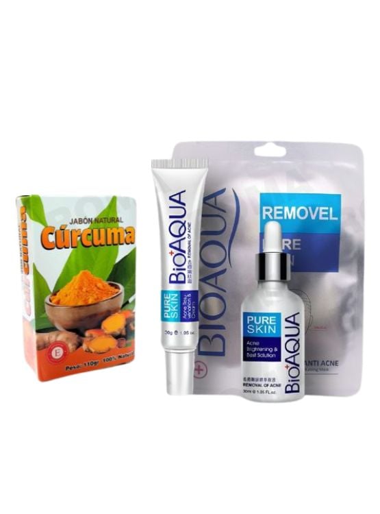 KIT JABÓN CÚRCUMA 110G + CREMA, MASCARILLA, Y SERUM ANTIACNÉ BIOAQUA - 1