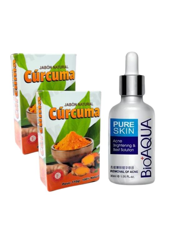 KIT 2 JABÓNES EN BARRA DE CÚRCUMA 110G Y SERUM ANTI ACNÉ BIOAQUA 30ML - 1