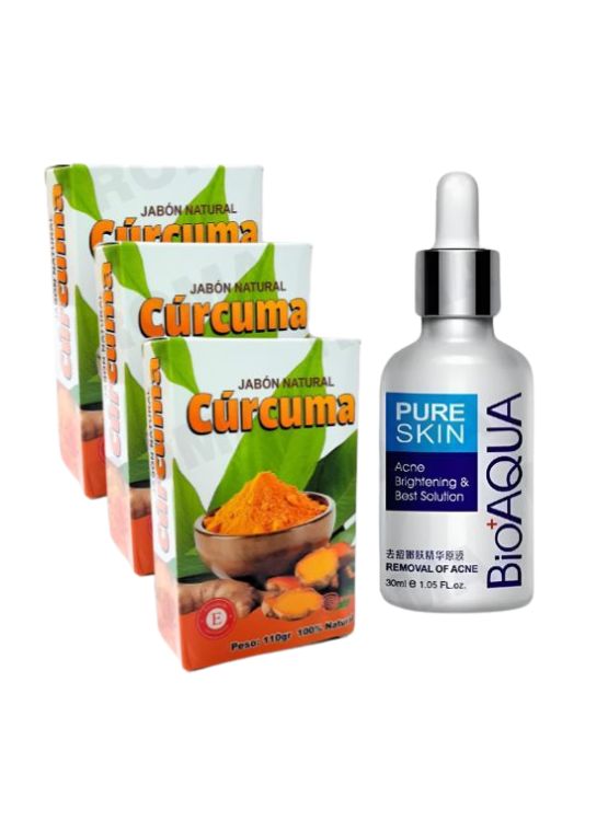 KIT 3 JABÓNES EN BARRA DE CÚRCUMA 110G Y SERUM ANTI ACNÉ BIOAQUA 30ML - 1