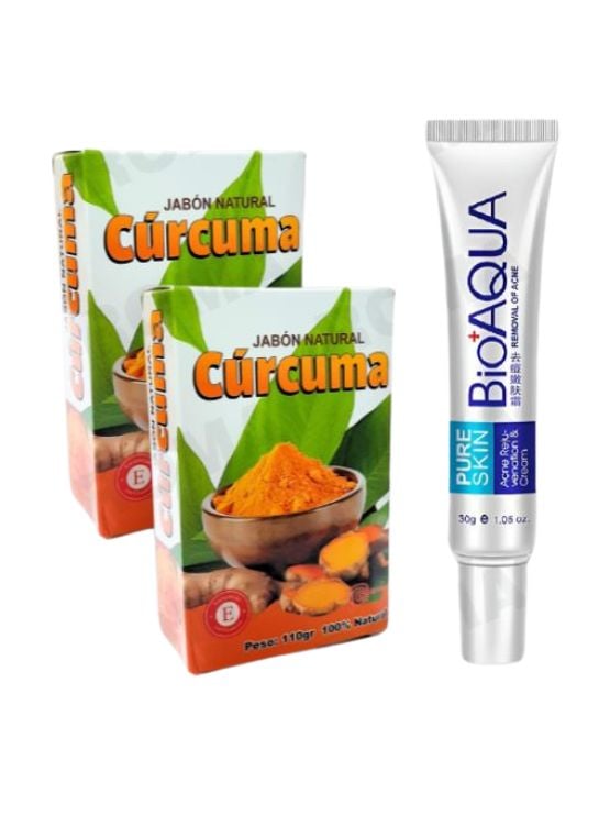 KIT 2 JABÓNES EN BARRA DE CÚRCUMA 110G Y CREMA ANTI ACNÉ BIOAQUA 30G - 1