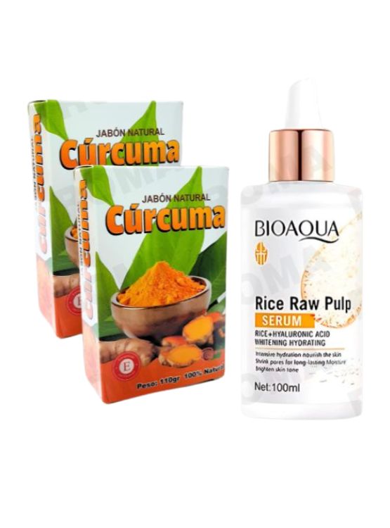 PACK 2 JABÓN EN BARRA DE CÚRCUMA 110G + SERUM DE ARROZ CON Á.H BIOAQUA 100ML - 1