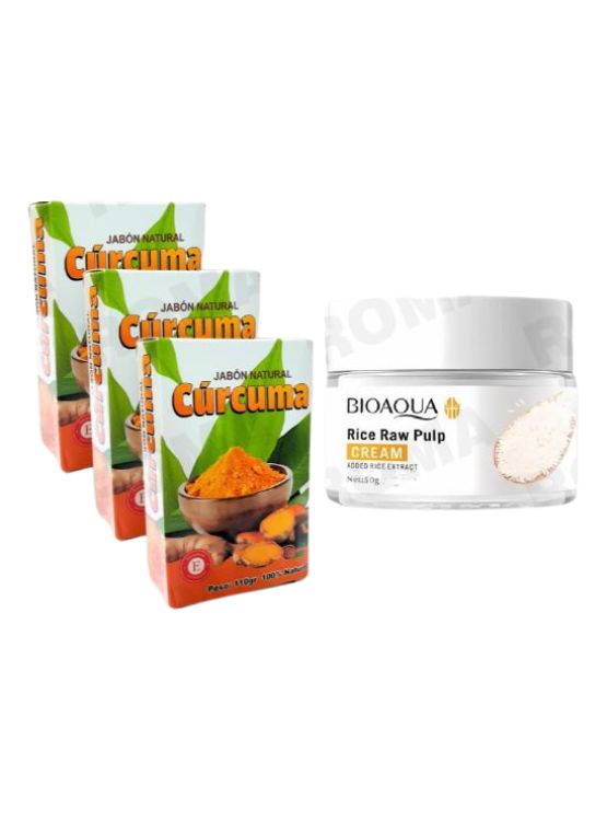 PACK 3 JABÓN EN BARRA DE CÚRCUMA 110G + CREMA ACLARANTE DE ARROZ BIOAQUA 50G - 1