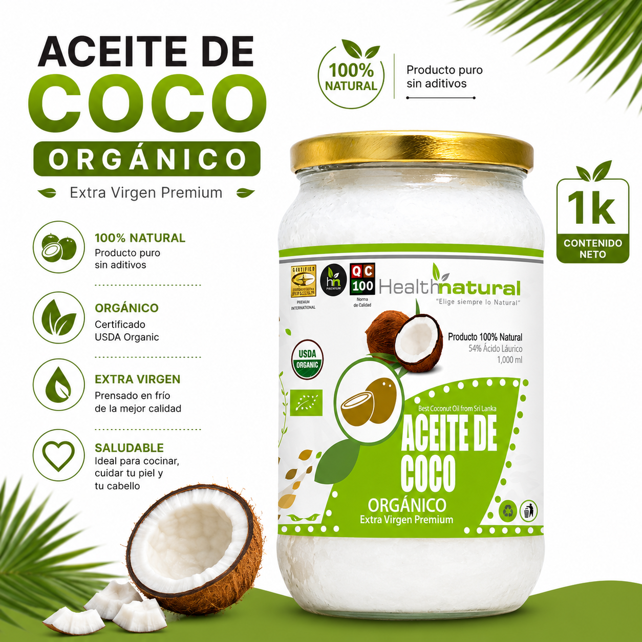 ACEITE DE COCO ORGÁNICO HEALTHNATURAL 1000ML - 1