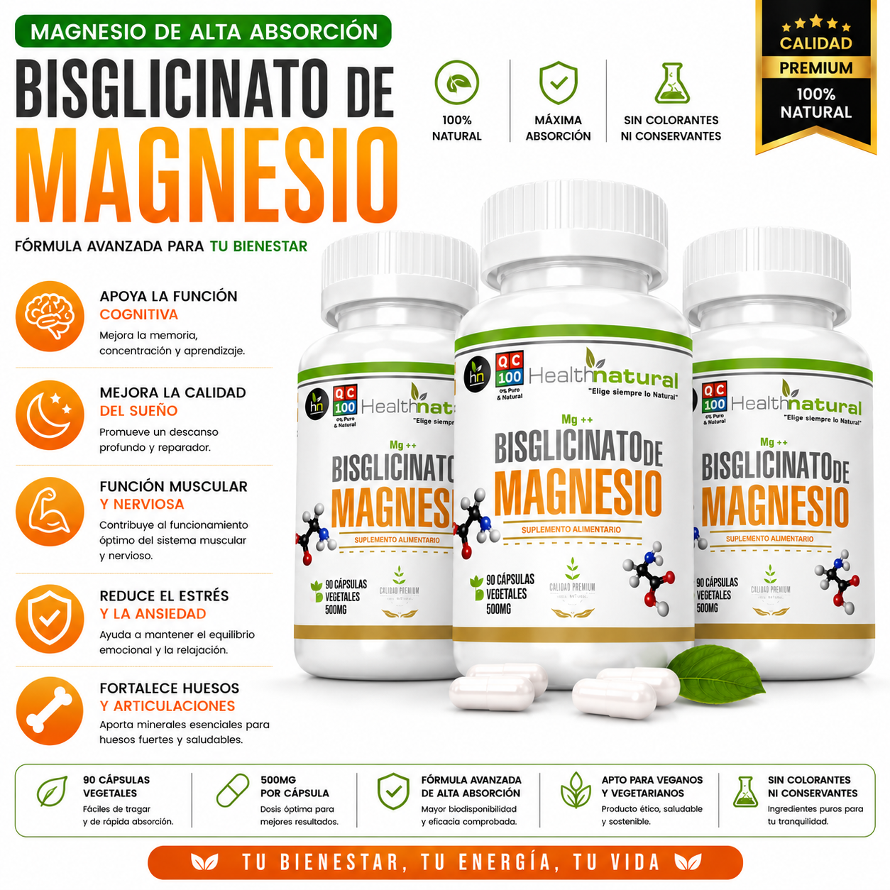 PACK 3 BISGLICINATO DE MAGNESIO HEALTHNATURAL 1500MG - 1