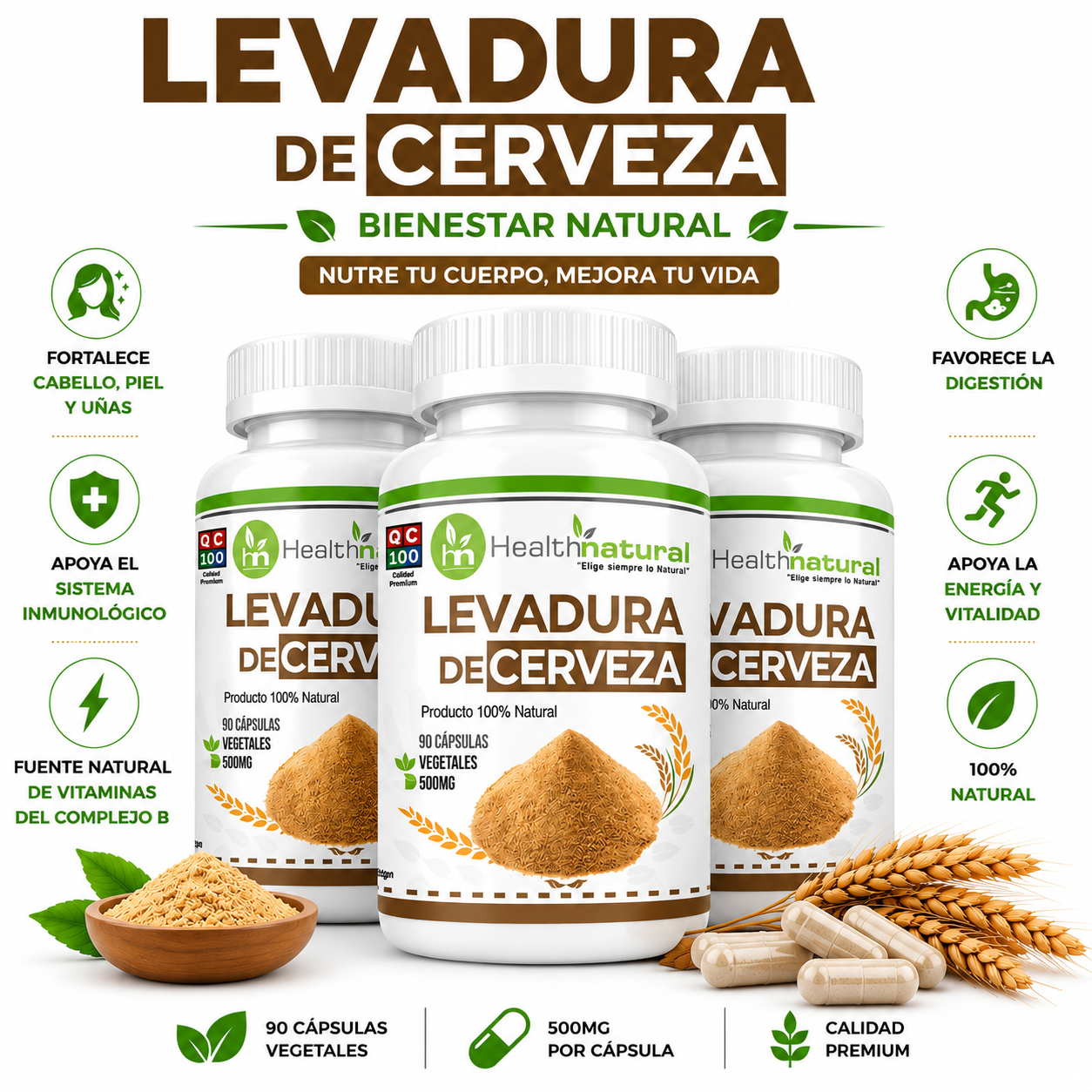 PACK 3 LEVADURA DE CERVEZA HEALTHNATURAL 1500MG - 1