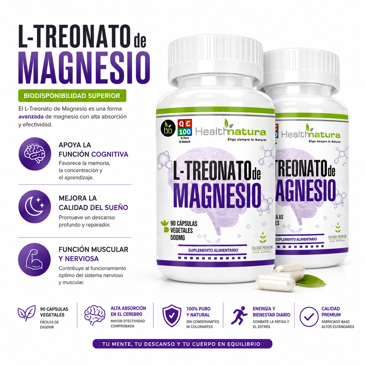 PACK 2 L-TREONATO DE MAGNESIO HEALTHNATURAL 1000MG - 1