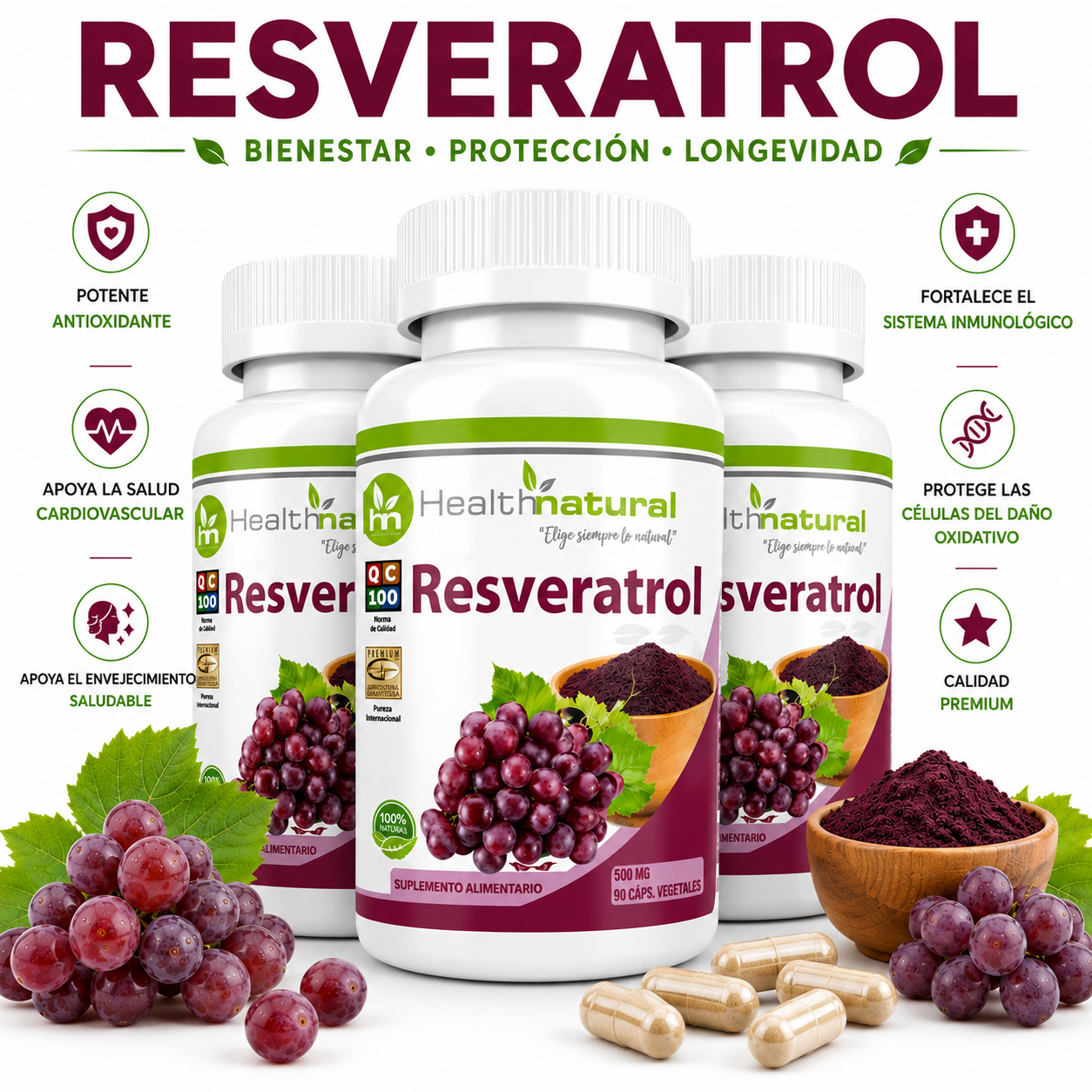 PACK 3 RESVERATROL HEALTHNATURAL 1500MG - 1