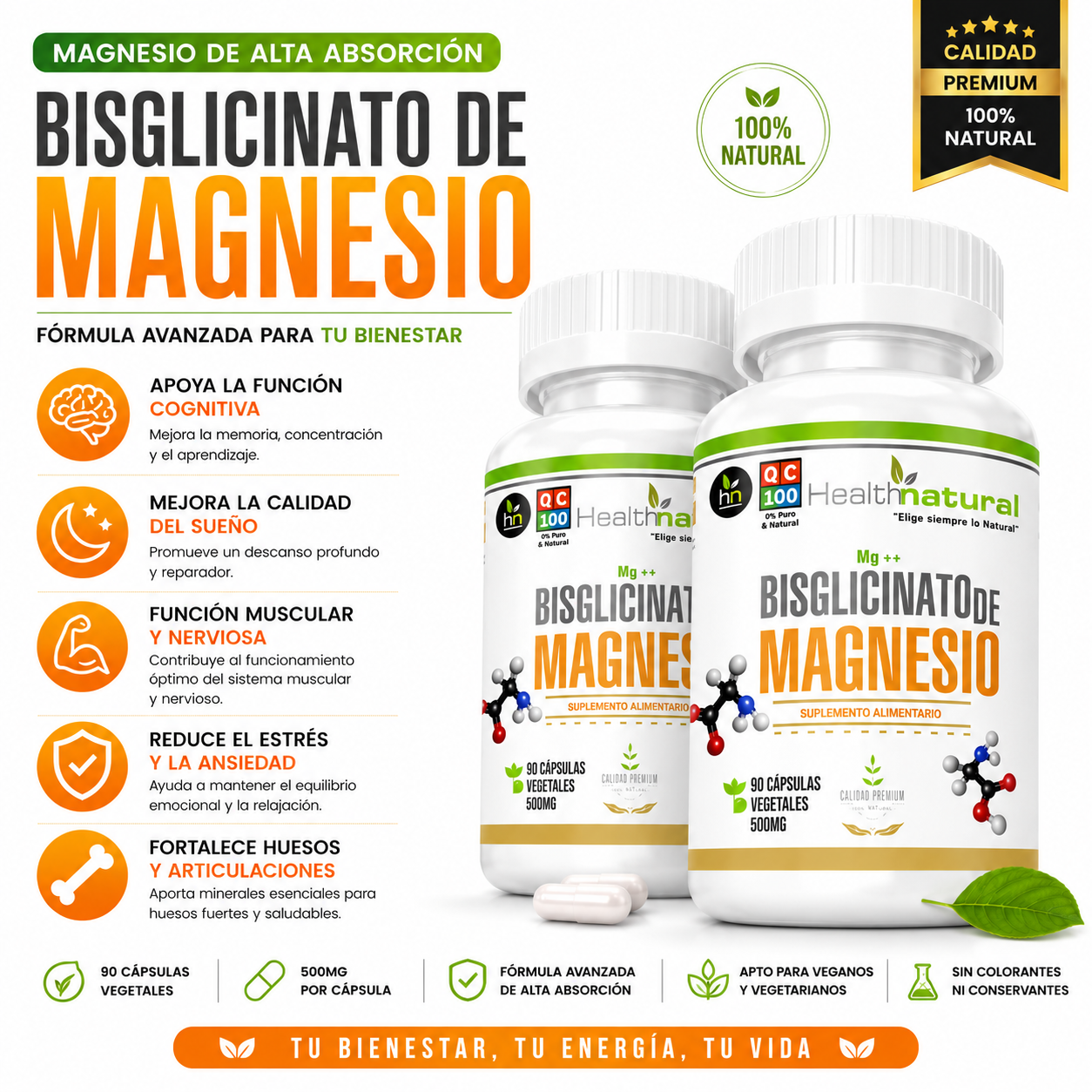 PACK 2 BISGLICINATO DE MAGNESIO HEALTHNATURAL 1000MG - 1