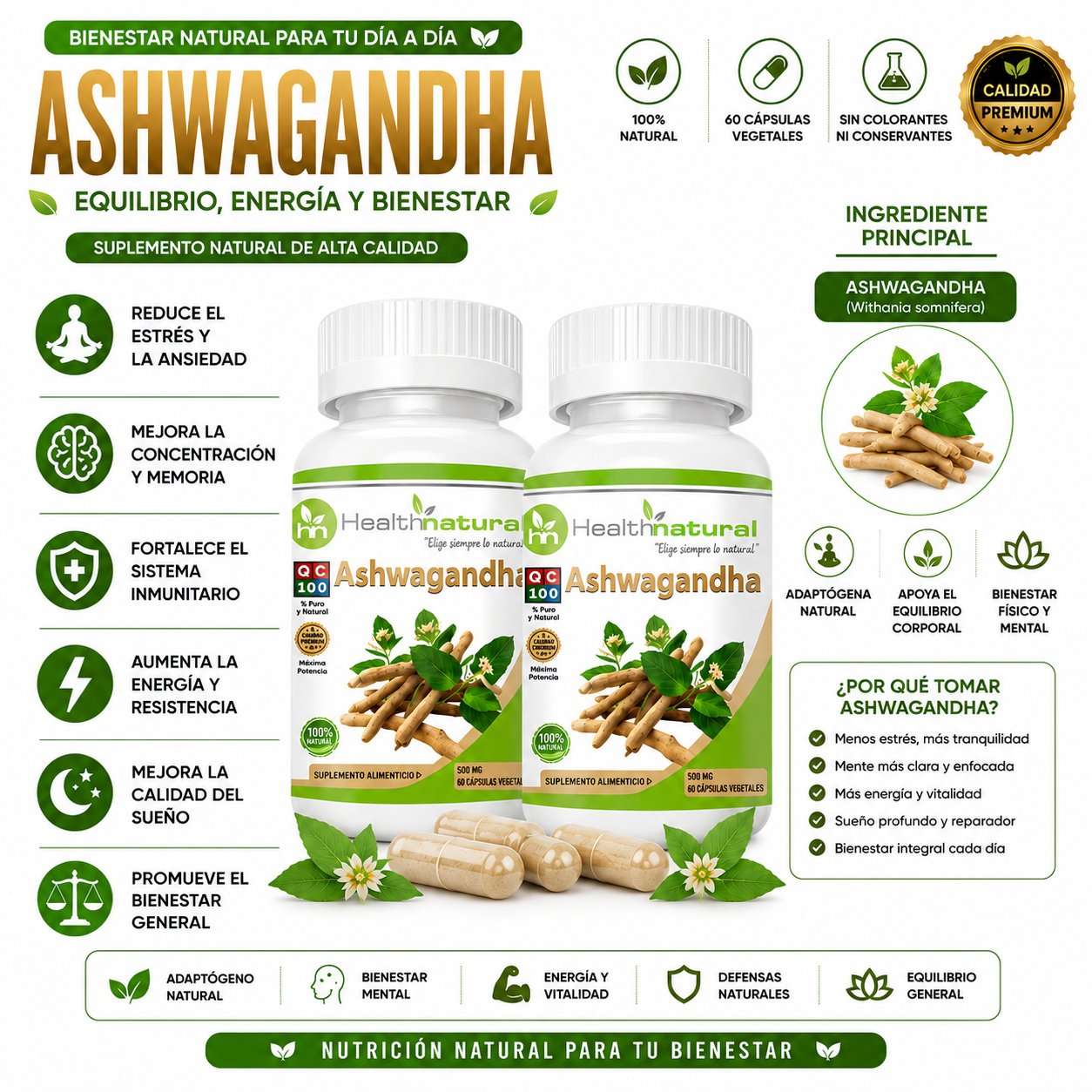 PACK 2 ASHWAGANDHA HEALTHNATURAL 1000MG - 1